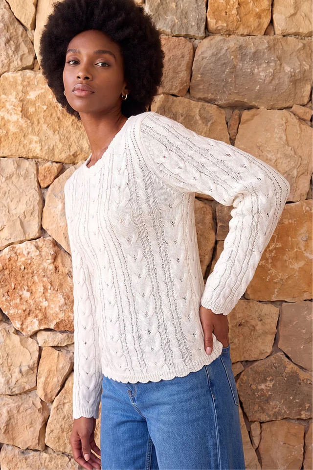 Roman Ivory Scallop Trim Cable Knit Jumper