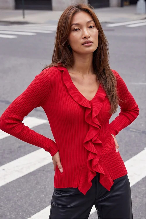Roman Red Frill Trim Ribbed Knit Top - 10 Image 3