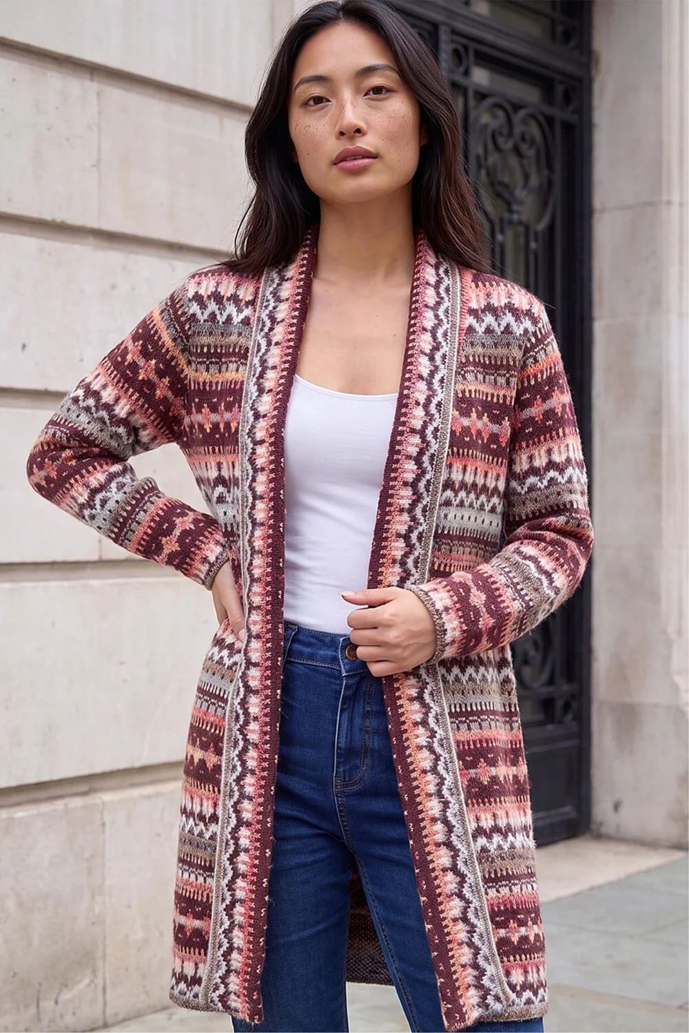 Roman Burgundy Petite Aztec Longline Cardigan - 18 Image 2