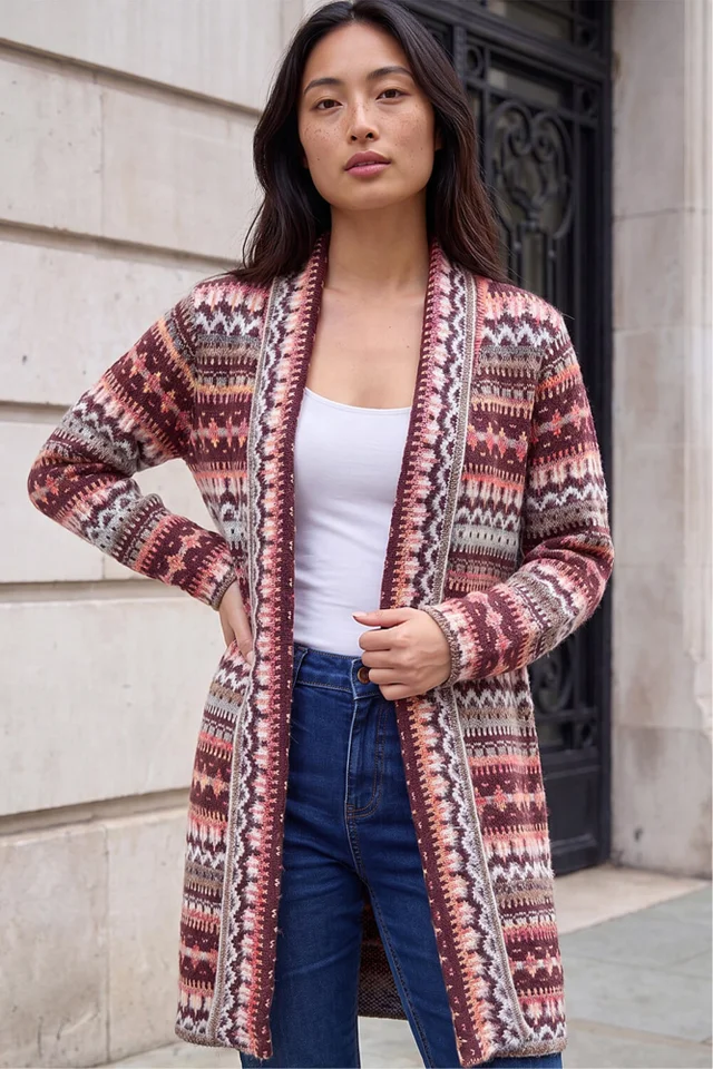 Roman Burgundy Petite Aztec Longline Cardigan