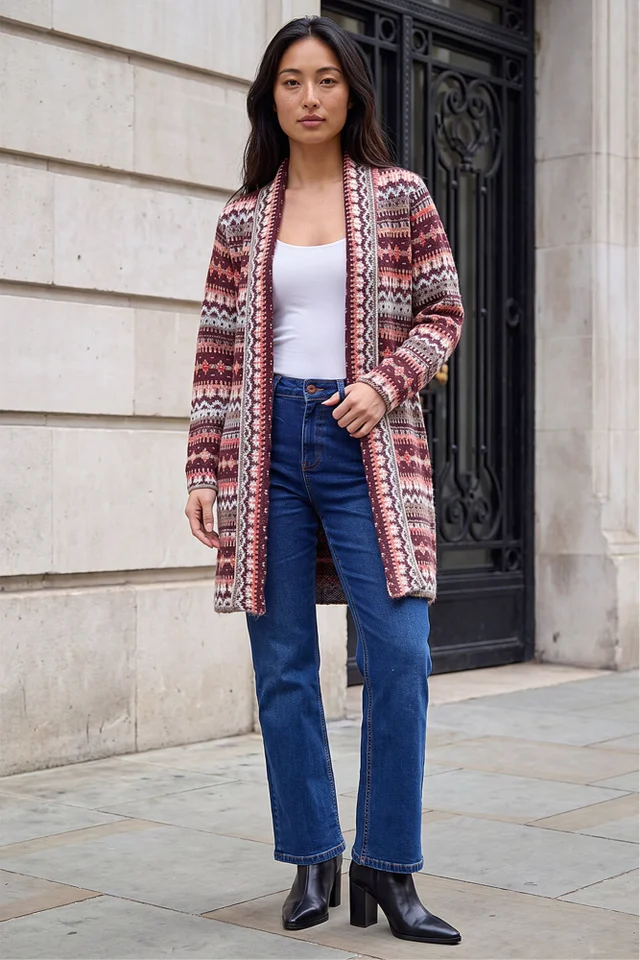 Roman Burgundy Petite Aztec Longline Cardigan