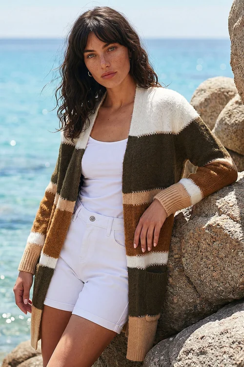 Roman Khaki Colour Block Longline Knit Cardigan - 14 Image 1