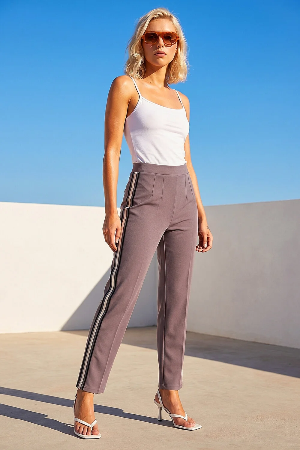Roman Taupe Petite Side Stripe Trouser - 8 Image 1