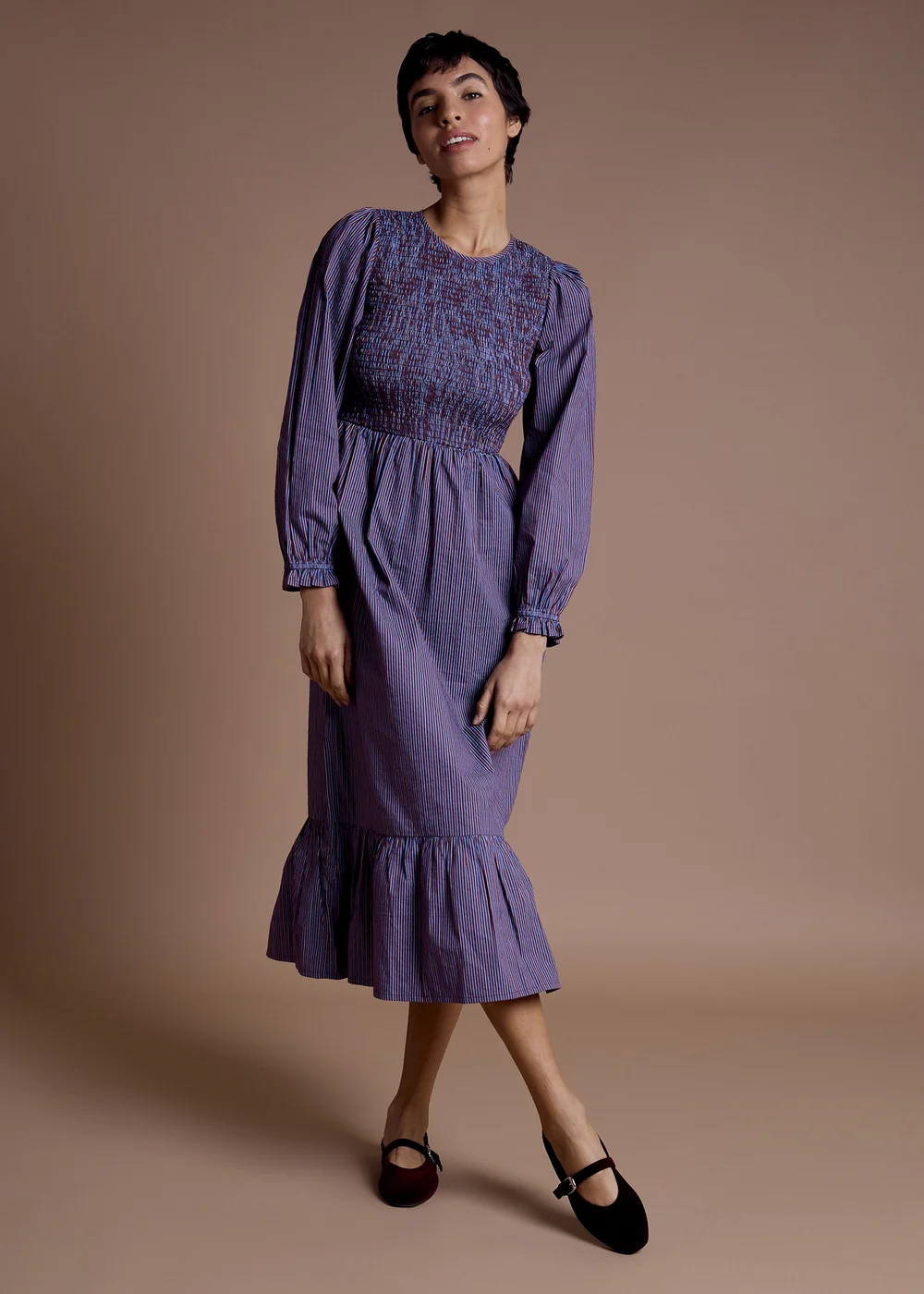 Neon Rose Blue Cotton Multi Stripe Shirred Midaxi Dress - M Image 4