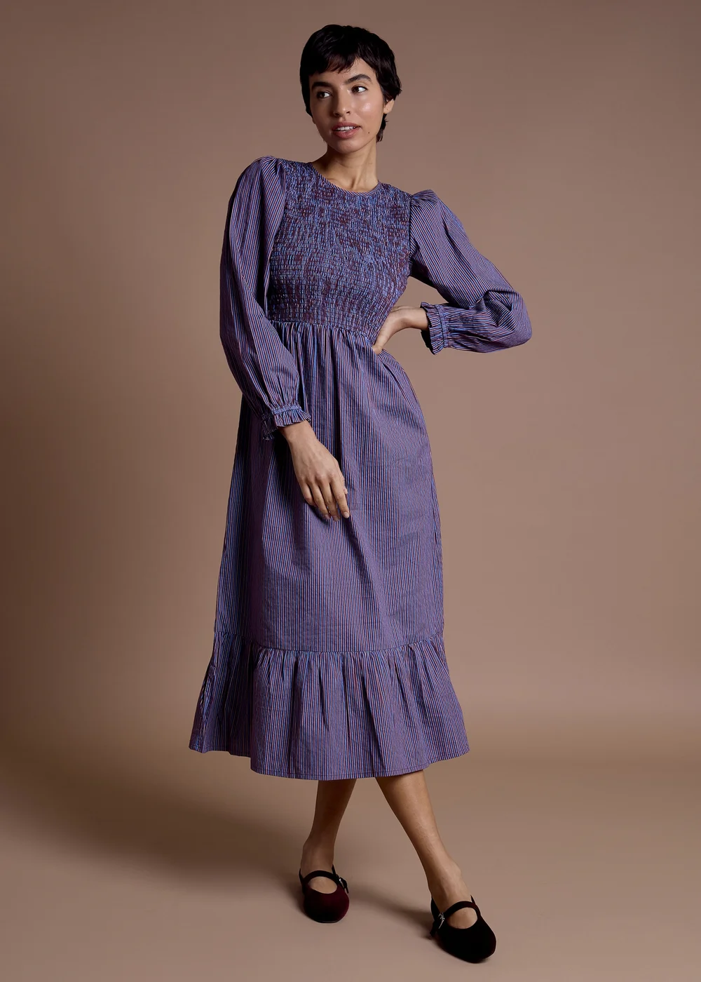 Neon Rose Blue Cotton Multi Stripe Shirred Midaxi Dress - M Image 1