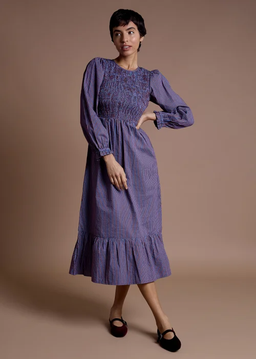 Neon Rose Blue Cotton Multi Stripe Shirred Midaxi Dress - M Image 1