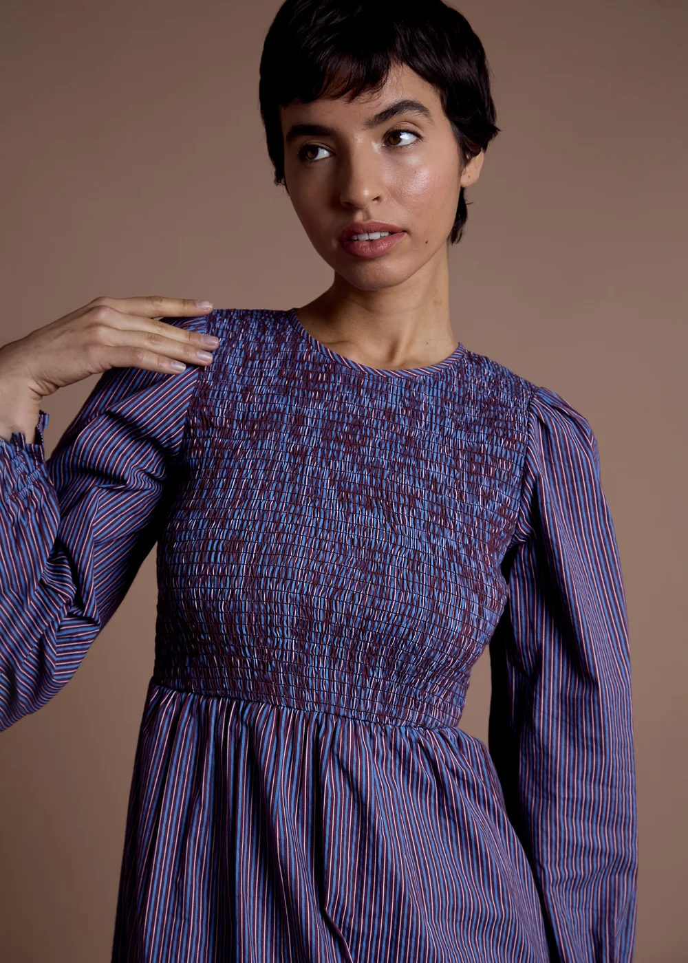 Neon Rose Blue Cotton Multi Stripe Shirred Midaxi Dress - M Image 3