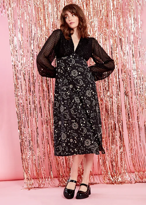 Neon Rose Black Celestial Print Long Sleeve Midi Dress - M Image 4