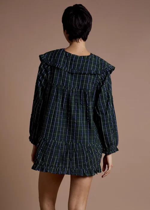 Neon Rose Navy Cotton Blue Tartan Check Oversized Collar Dress - L Image 2