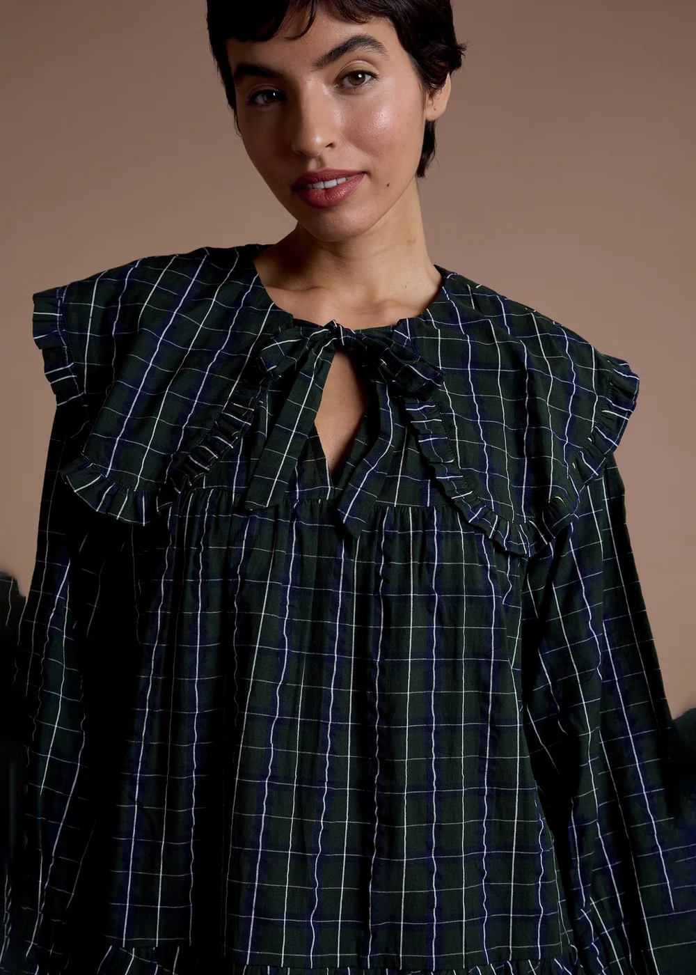 Neon Rose Navy Cotton Blue Tartan Check Oversized Collar Dress - L Image 3
