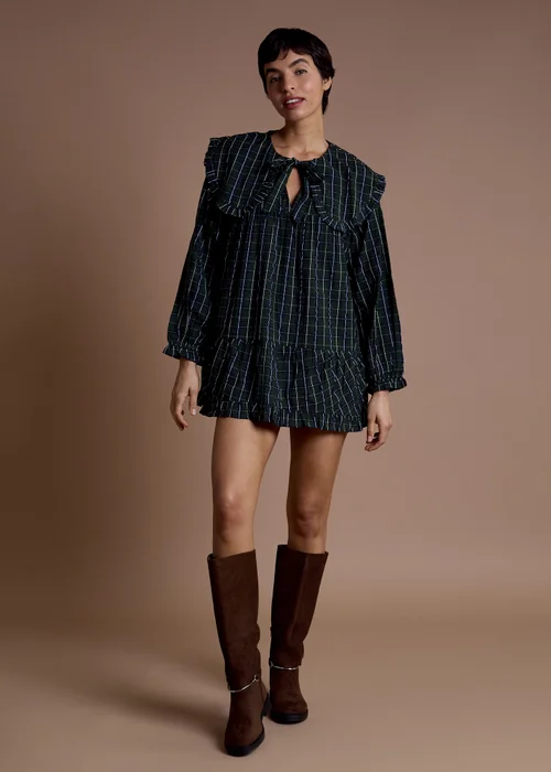 Neon Rose Navy Cotton Blue Tartan Check Oversized Collar Dress - L Image 4