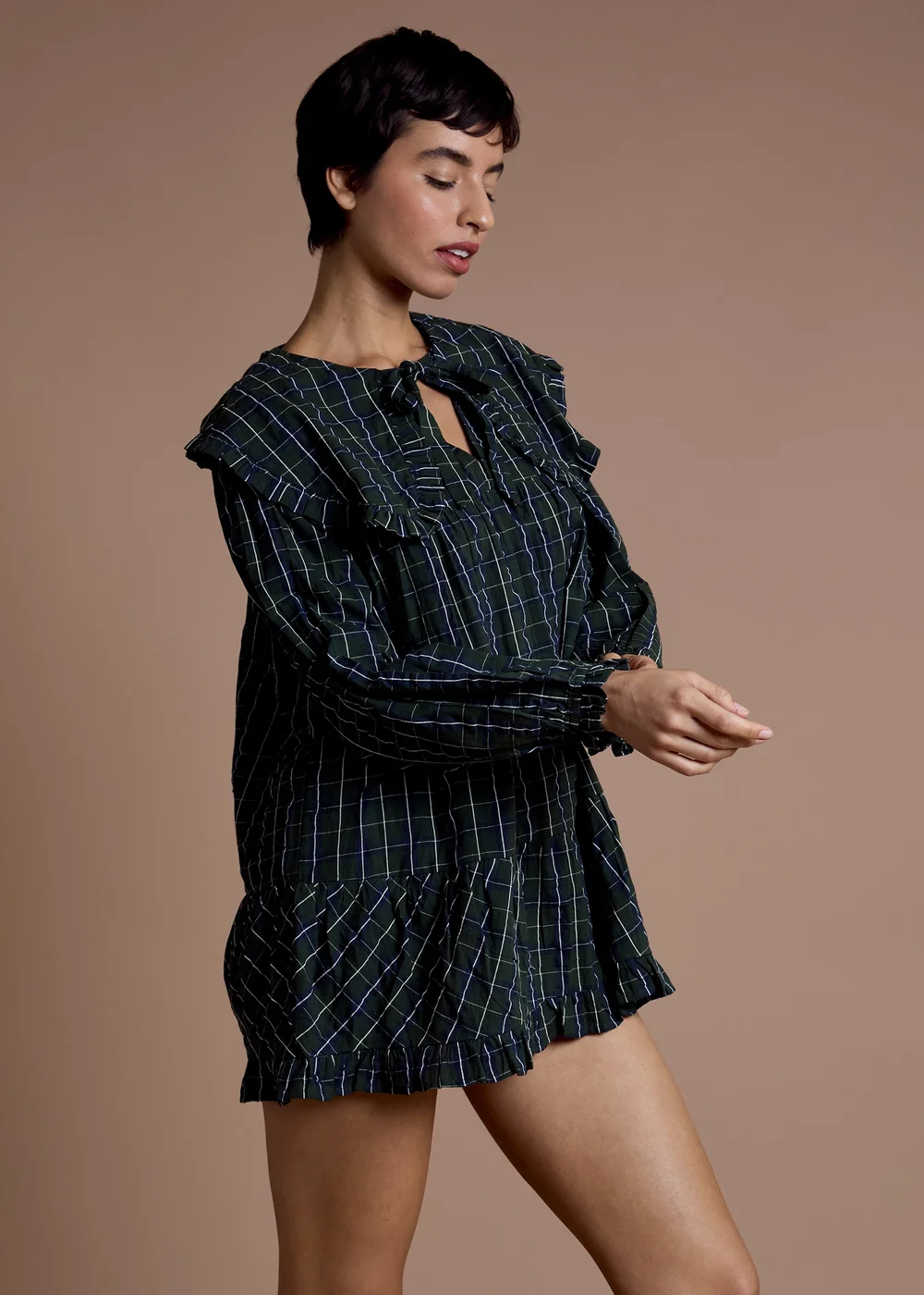 Neon Rose Navy Cotton Blue Tartan Check Oversized Collar Dress - L Image 5