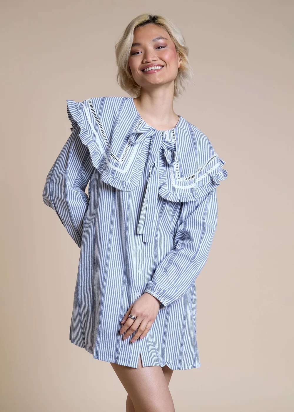 Neon Rose Light Blue Cotton Blue and White Stripe Oversized Frill Collar Smock Dress - M Image 1