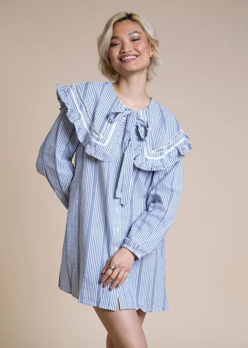 Neon Rose Light Blue Cotton Blue and White Stripe Oversized Frill Collar Smock Dress - M Image 1