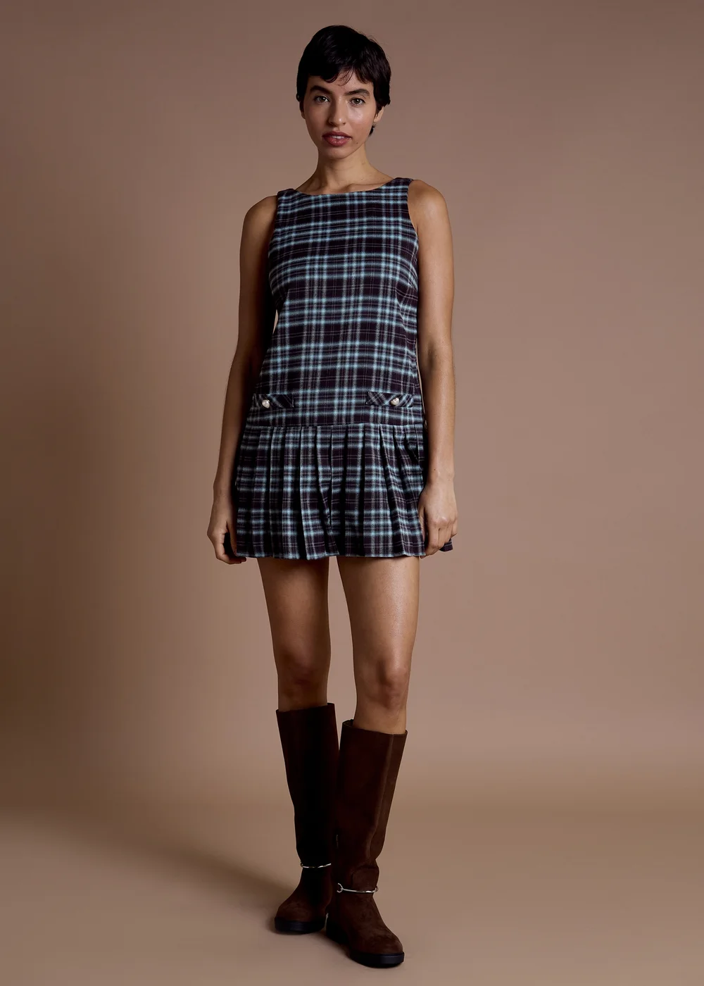 Neon Rose Navy Brown Tartan Check Pleated Mini Pinafore Dress - XL Image 4