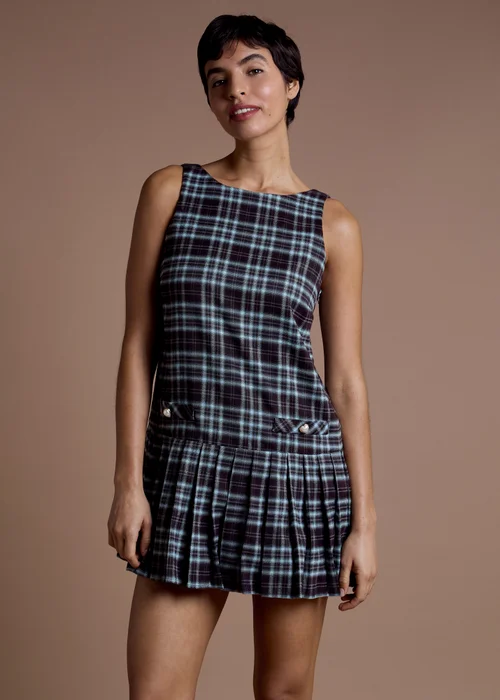 Neon Rose Navy Brown Tartan Check Pleated Mini Pinafore Dress - XL Image 1