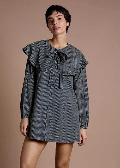 Neon Rose Navy Cotton Oversized Collared Dress in Navy Yellow Stripe - L Image 1