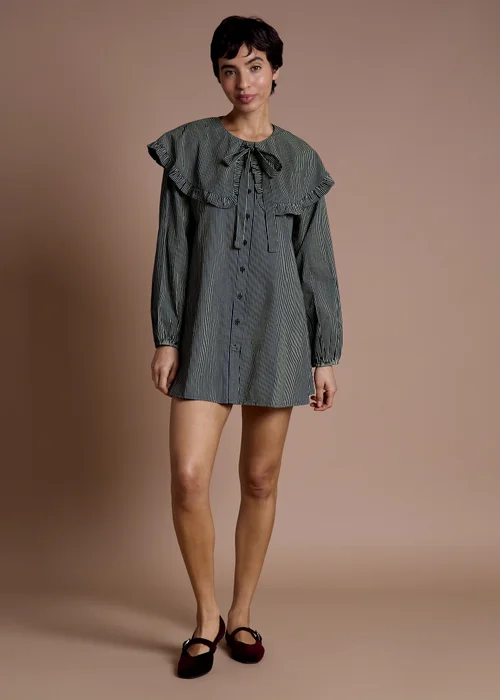 Neon Rose Navy Cotton Oversized Collared Dress in Navy Yellow Stripe - L Image 4