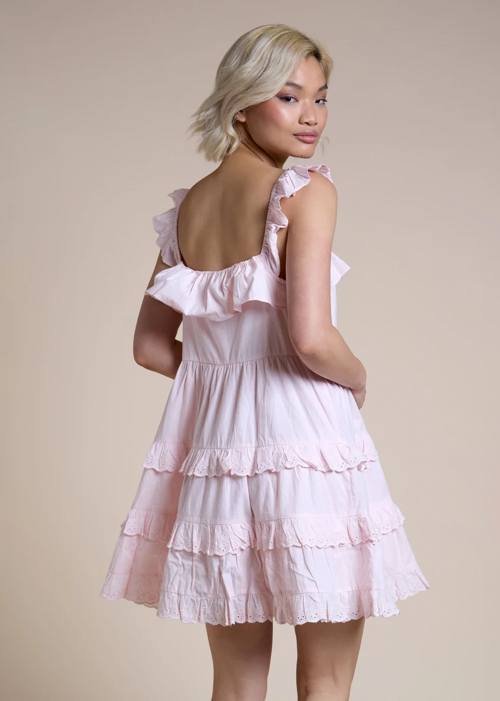 Neon Rose Soft Pink Cotton Ruffle Tiered Mini Dress - S Image 2