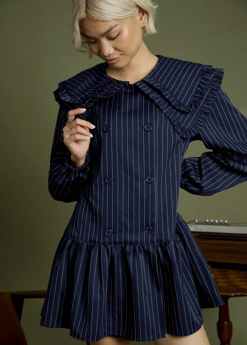 Neon Rose Navy Cotton Pinstripe Double Collar Mini Smock Dress - M Image 3