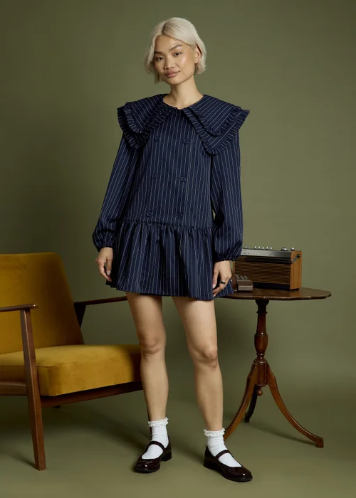Neon Rose Navy Cotton Pinstripe Double Collar Mini Smock Dress - M Image 4