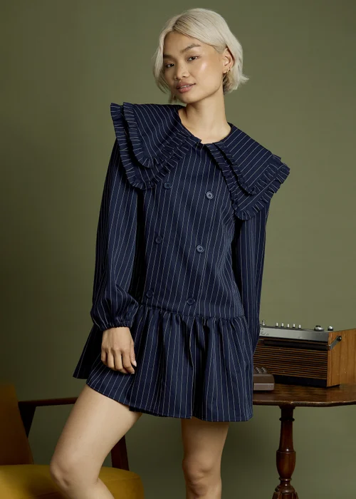 Neon Rose Navy Cotton Pinstripe Double Collar Mini Smock Dress - M Image 5