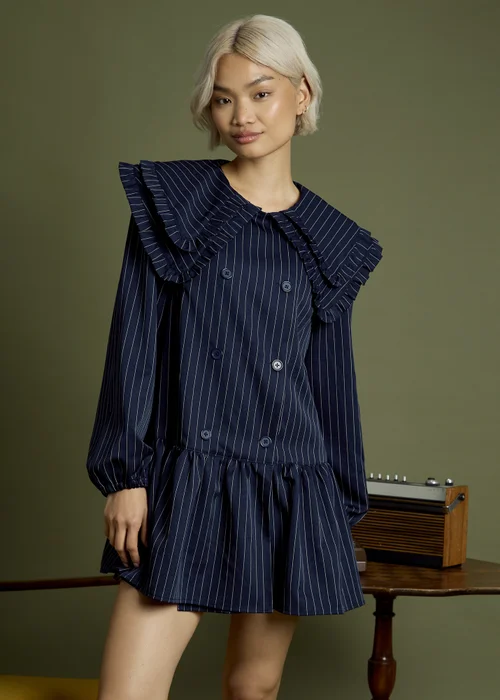 Neon Rose Navy Cotton Pinstripe Double Collar Mini Smock Dress - M Image 1