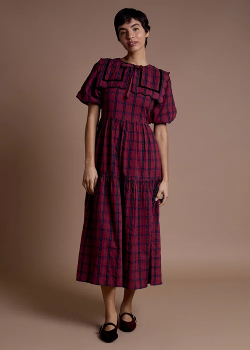 Neon Rose Burgundy Collar Detail Tiered Midaxi Dress in Burgundy Check - S Image 1
