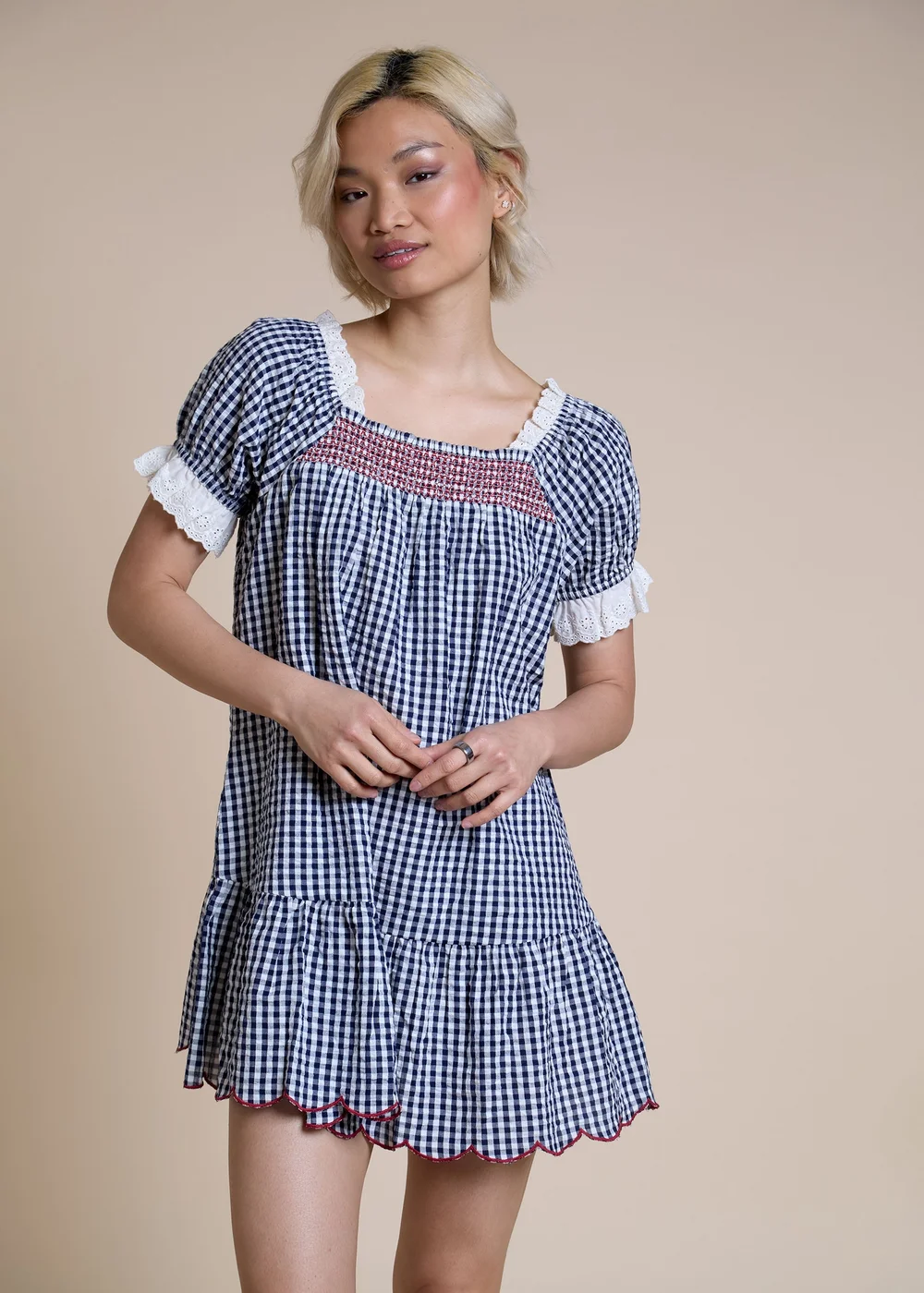 Neon Rose Navy Cotton Gingham Square Neck Babydoll Mini Dress - XS Image 1