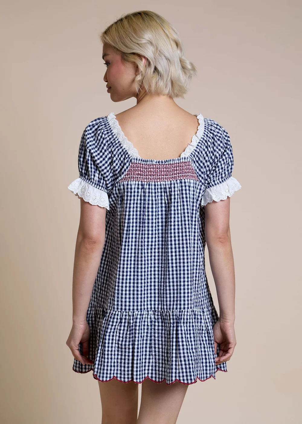 Neon Rose Navy Cotton Gingham Square Neck Babydoll Mini Dress - XS Image 2