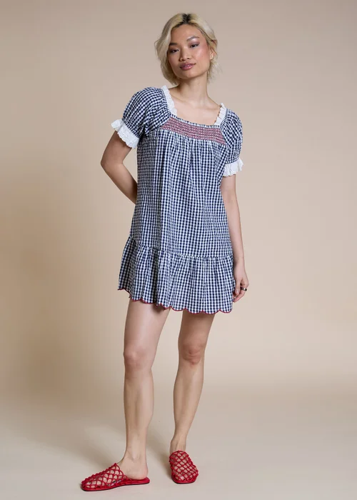 Neon Rose Navy Cotton Gingham Square Neck Babydoll Mini Dress - XS Image 4