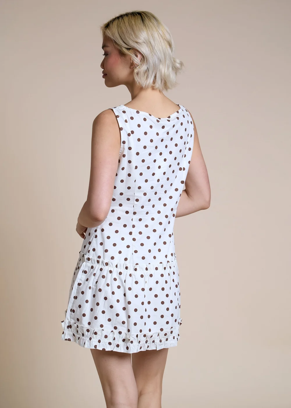 Neon Rose Cream Cream & Brown Polka Dot Button-Up Mini Dress - M Image 2