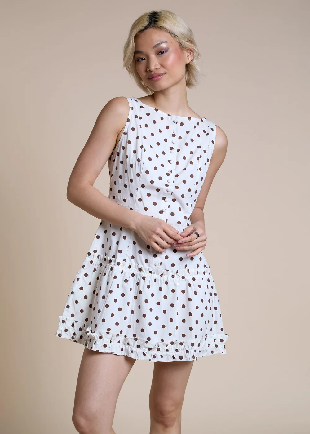 Neon Rose Cream Cream & Brown Polka Dot Button-Up Mini Dress - M Image 1