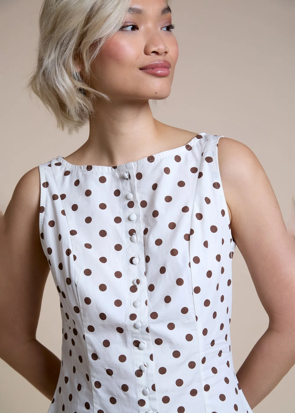 Neon Rose Cream Cream & Brown Polka Dot Button-Up Mini Dress - M Image 3