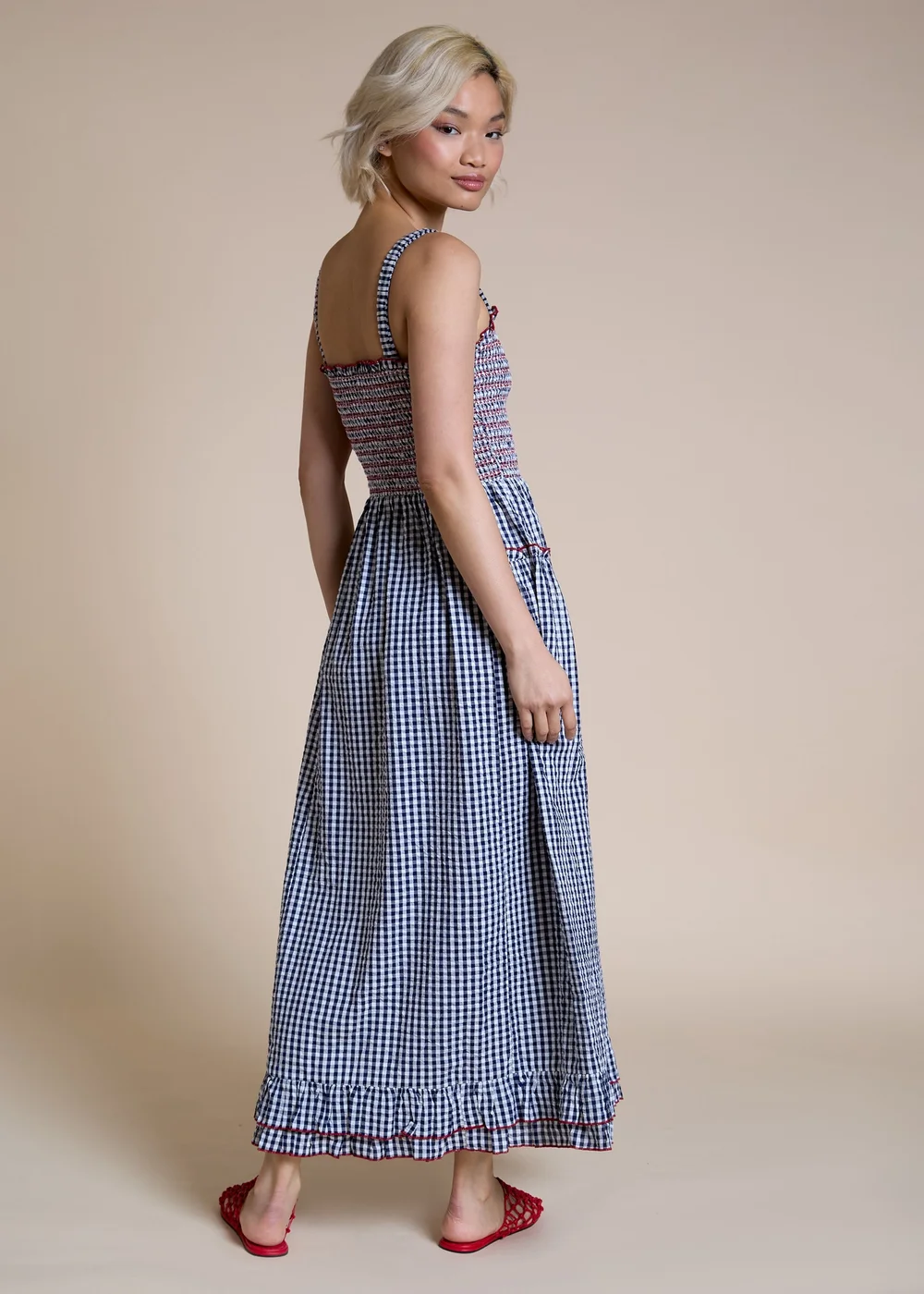 Neon Rose Navy Cotton Blue Shirred Ruffle Detail Midaxi Dress - XS Image 2