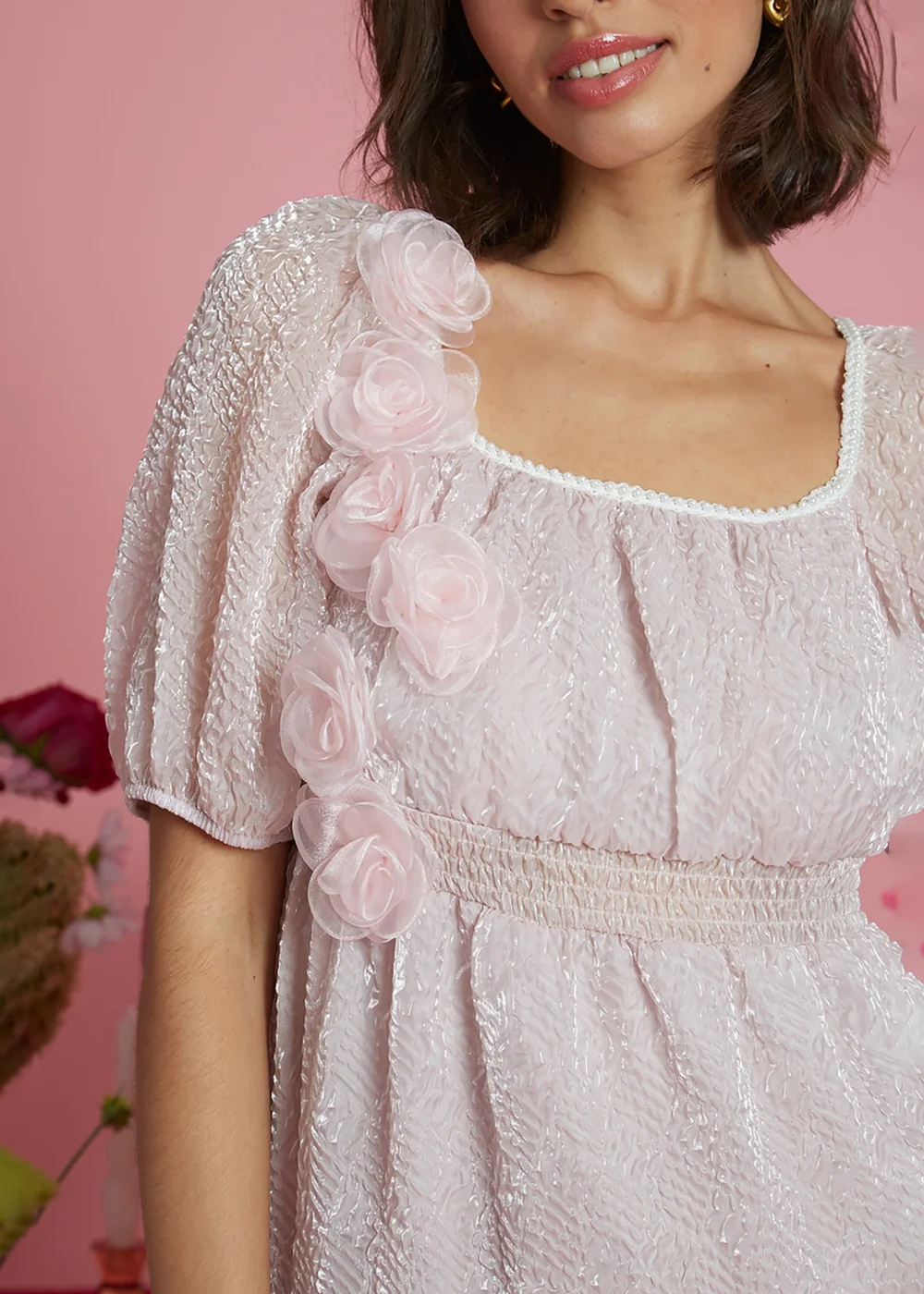 Neon Rose Soft Pink Corsage Detail Tiered Silhouette Midaxi Dress - M Image 3
