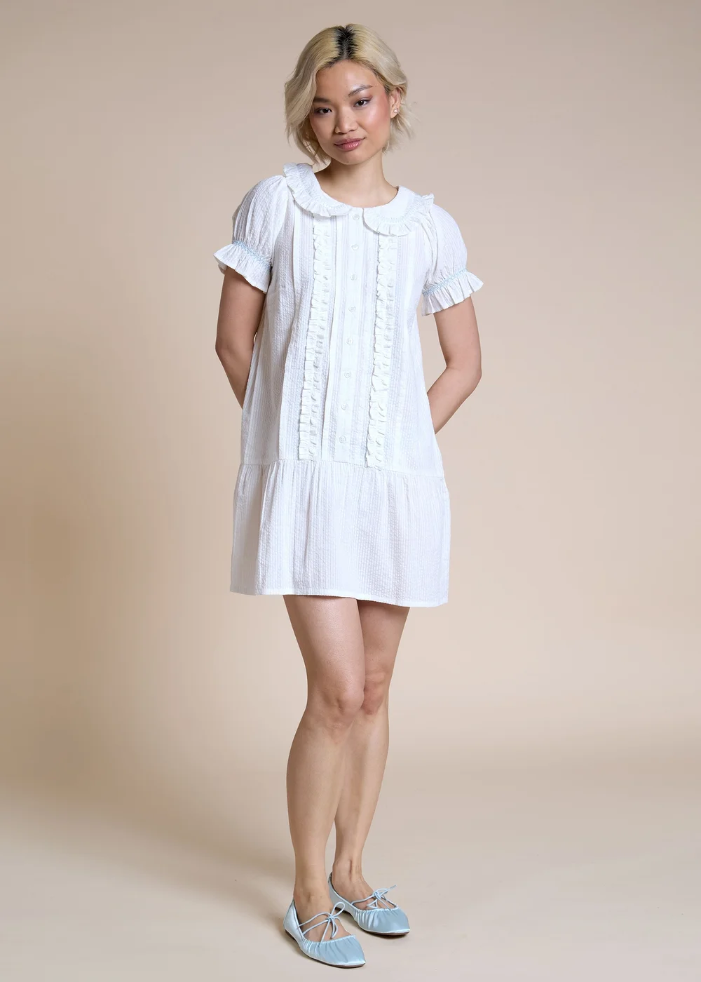 Neon Rose White Button Pintuck Drop Waist Mini Dress - L Image 4