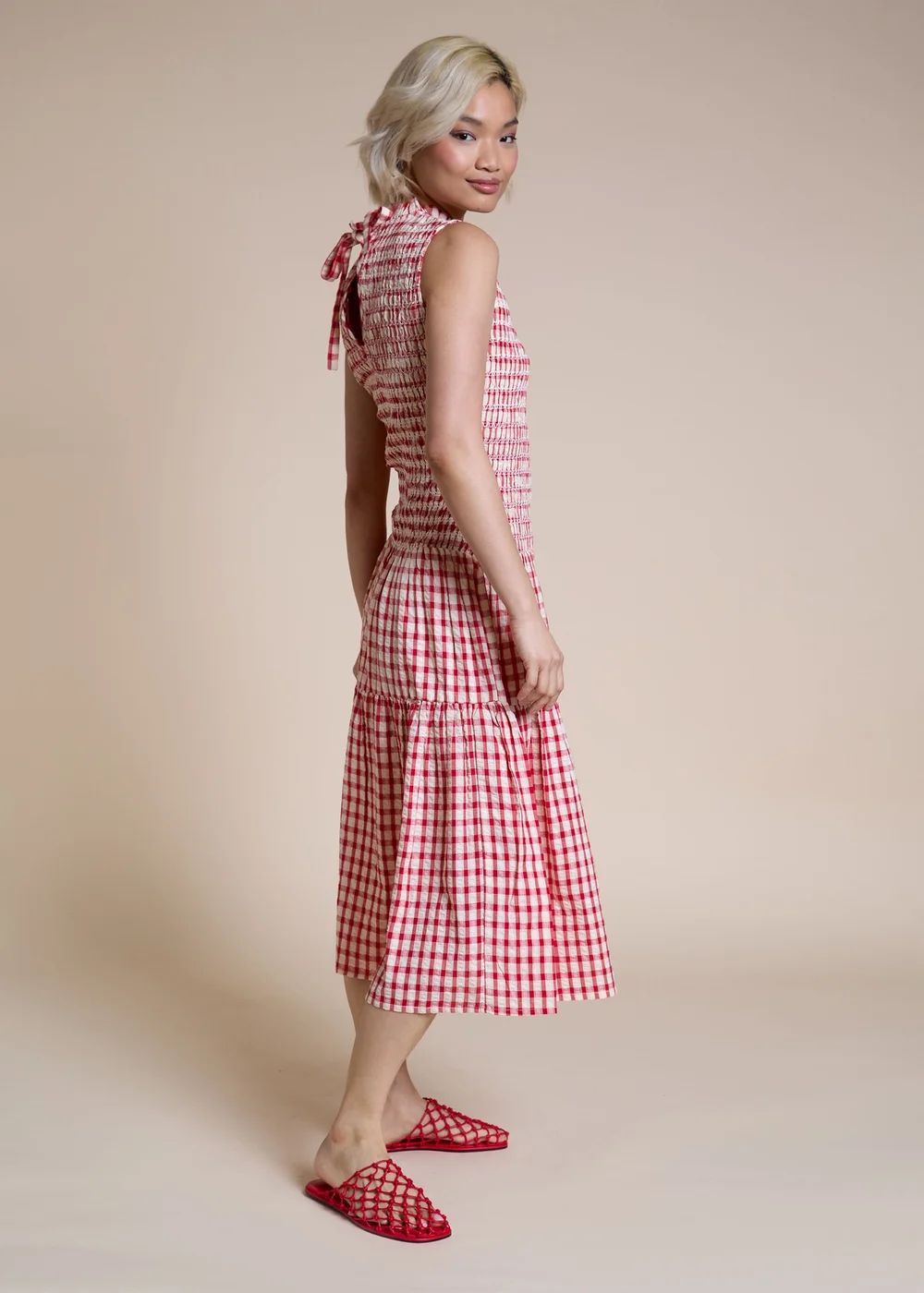 Neon Rose Red Cotton Red Gingham Shirred Bodice Midi Dress - S Image 5
