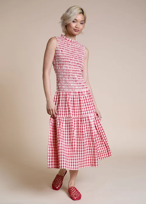 Neon Rose Red Cotton Red Gingham Shirred Bodice Midi Dress - S Image 1