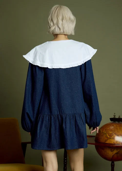 Neon Rose Indigo Cotton Denim Oversized Collar Mini Smock Dress - XS Image 2