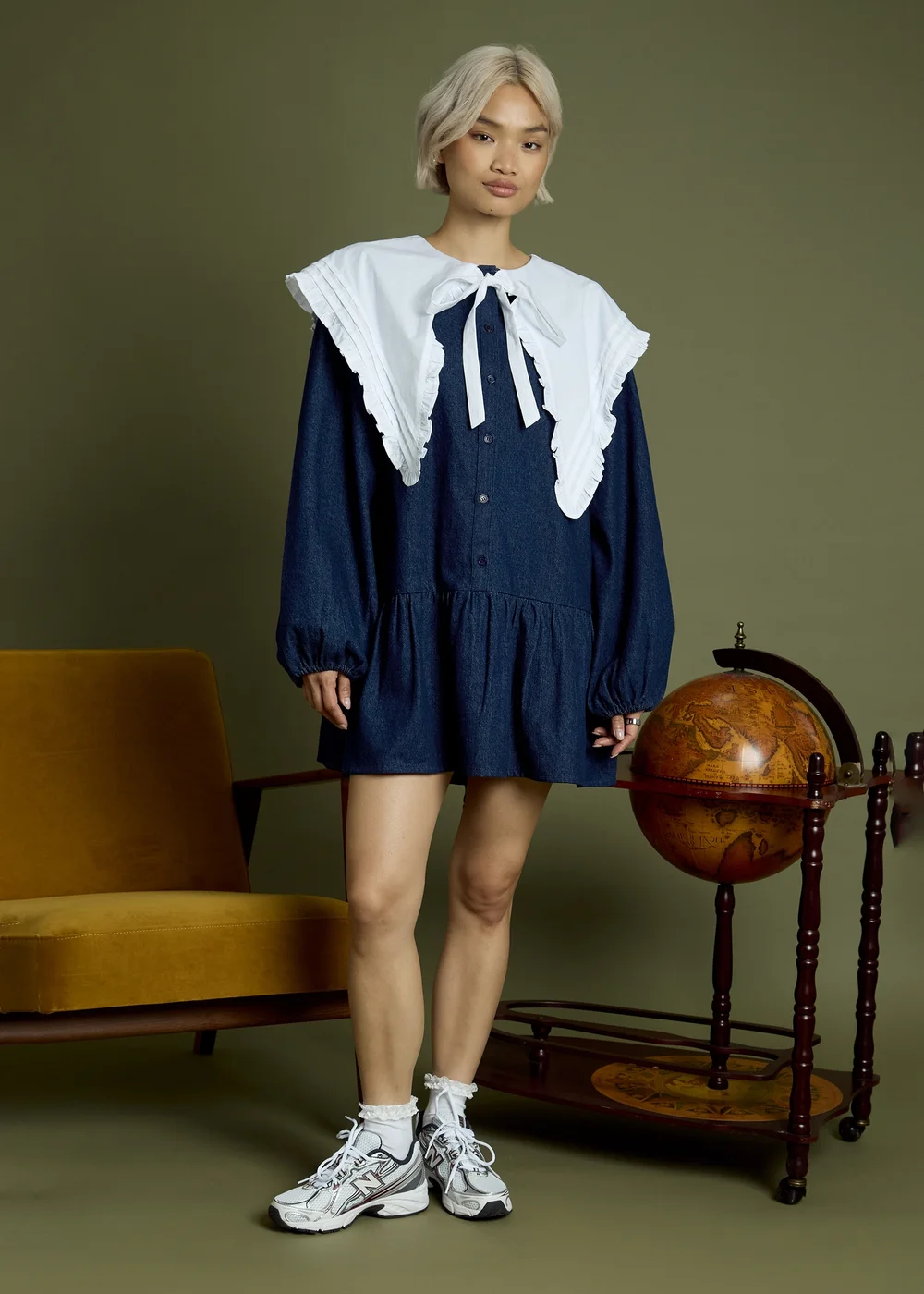 Neon Rose Indigo Cotton Denim Oversized Collar Mini Smock Dress - XS Image 4