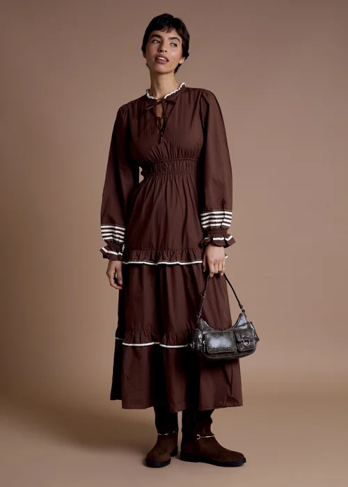 Neon Rose Brown Cotton High Collar Tiered Midaxi Dress - L Image 4