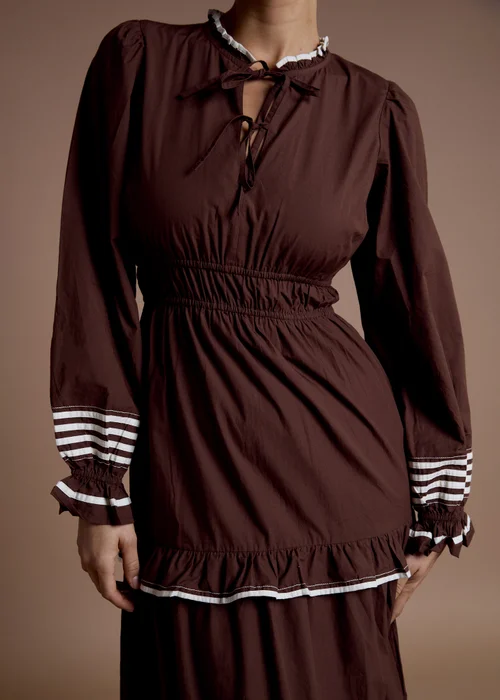 Neon Rose Brown Cotton High Collar Tiered Midaxi Dress - L Image 3