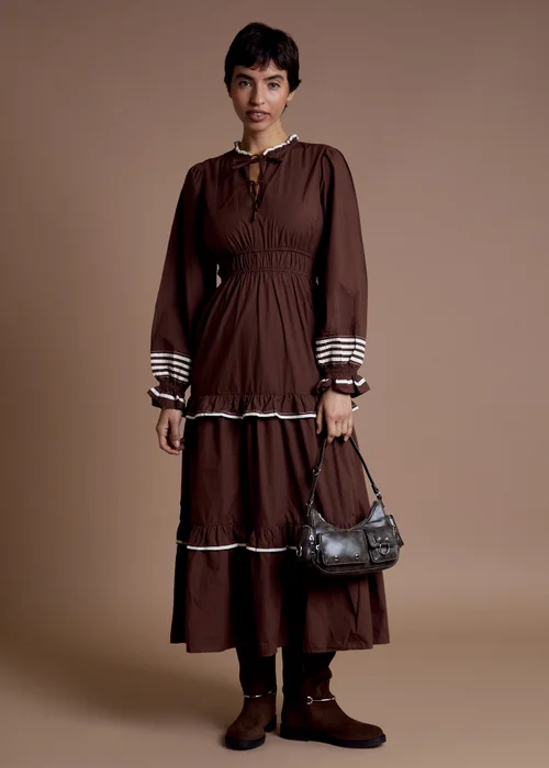 Neon Rose Brown Cotton High Collar Tiered Midaxi Dress - L Image 1