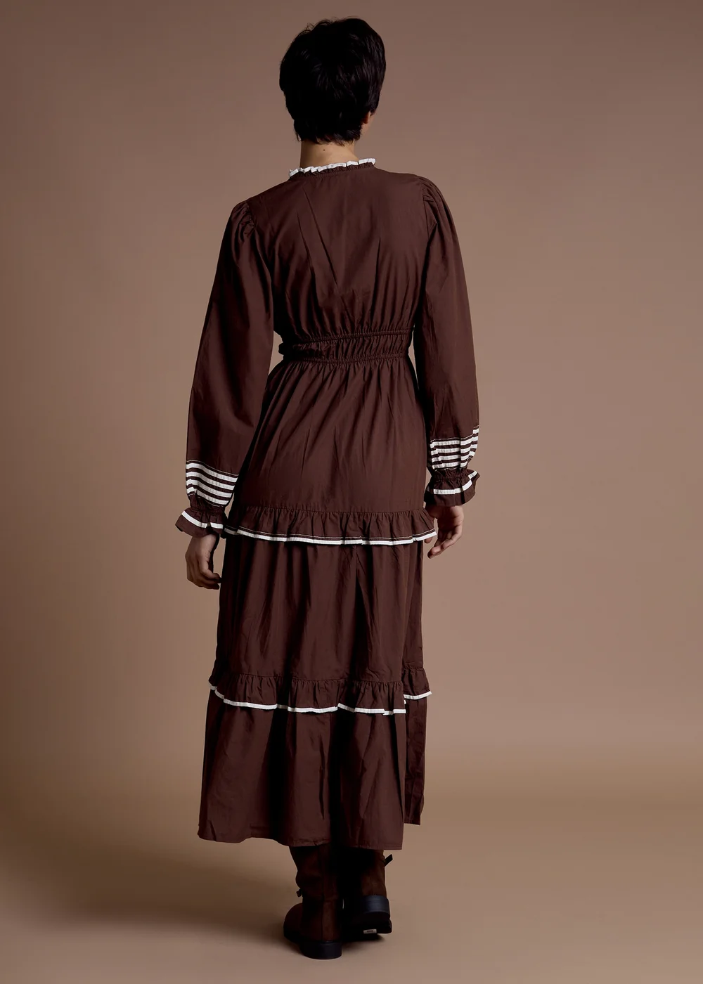 Neon Rose Brown Cotton High Collar Tiered Midaxi Dress - L Image 2