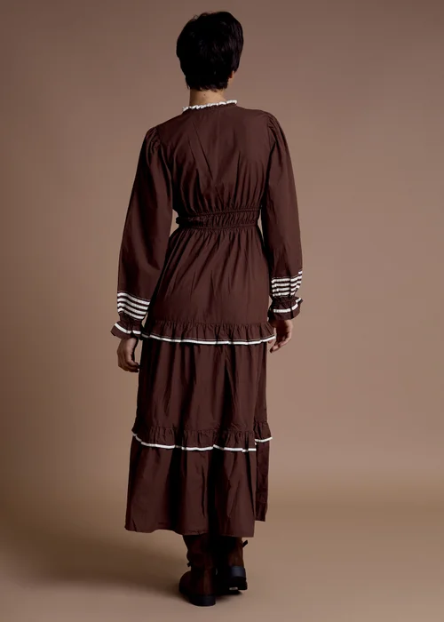 Neon Rose Brown Cotton High Collar Tiered Midaxi Dress - L Image 2