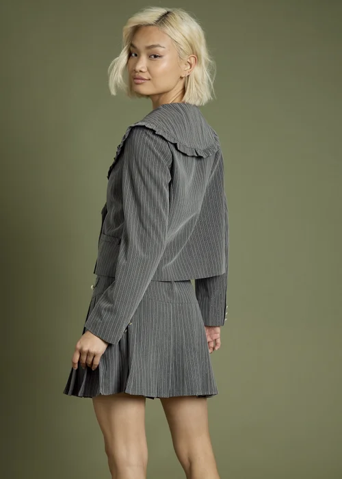 Neon Rose Grey Ruffle Edge Cropped Pinstripe Blazer with Buttons - M Image 2