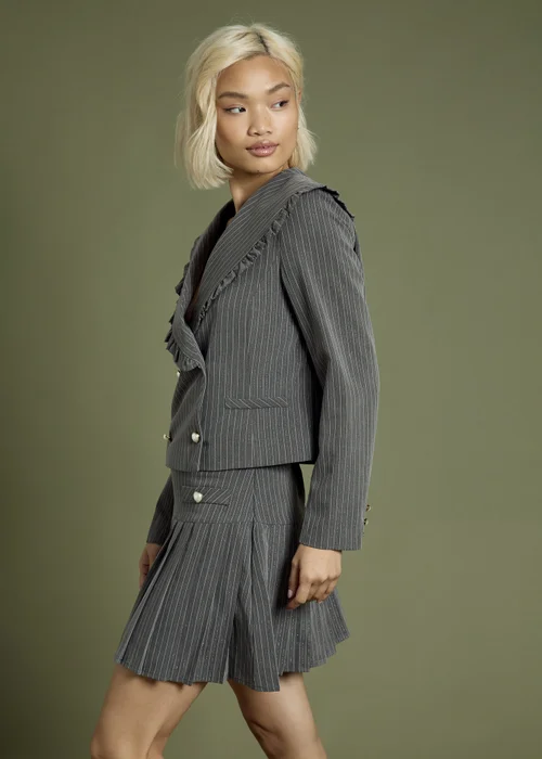 Neon Rose Grey Ruffle Edge Cropped Pinstripe Blazer with Buttons - M Image 4