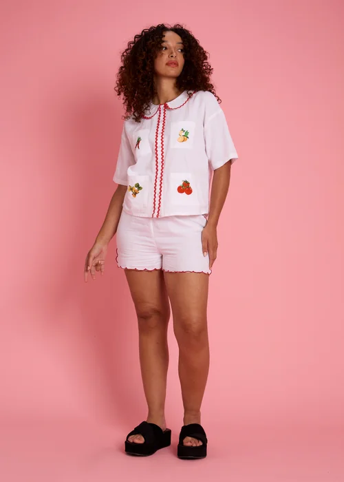Neon Rose White Rik Rak Embroidered Linen Shorts - XS Image 1