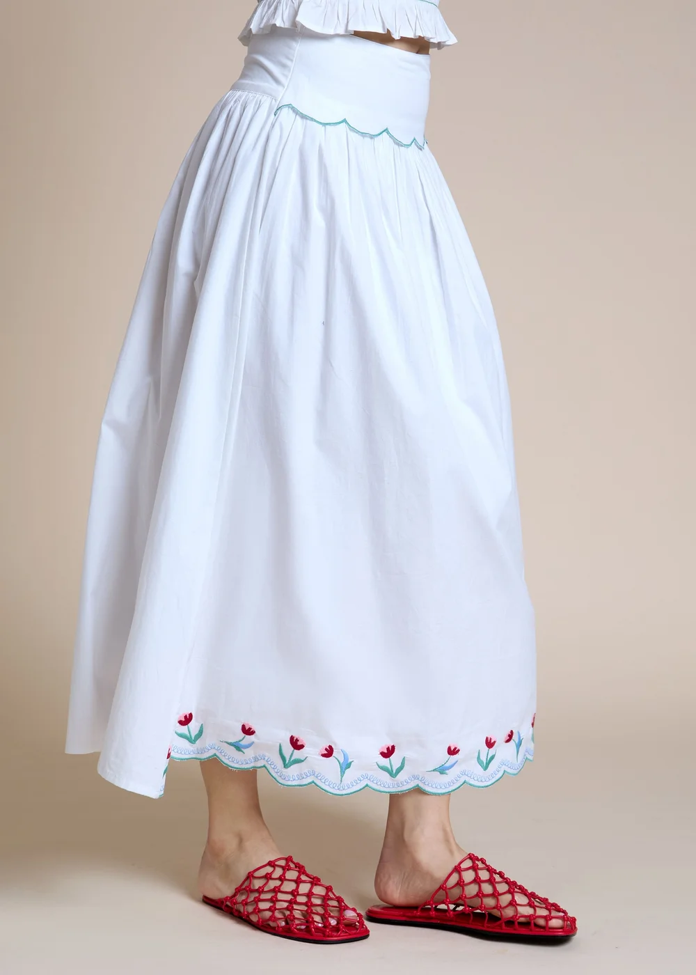 Neon Rose White Embroidered Hem Midaxi Skirt - M Image 5